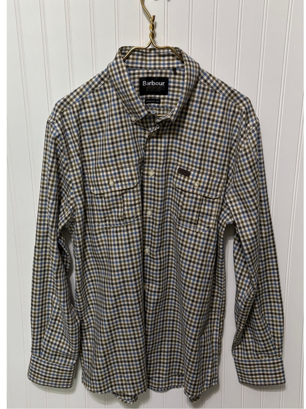BARBOUR Foss Blue Regular Fit Thermo Weave Checked Dress Shirt Mens Size Medium